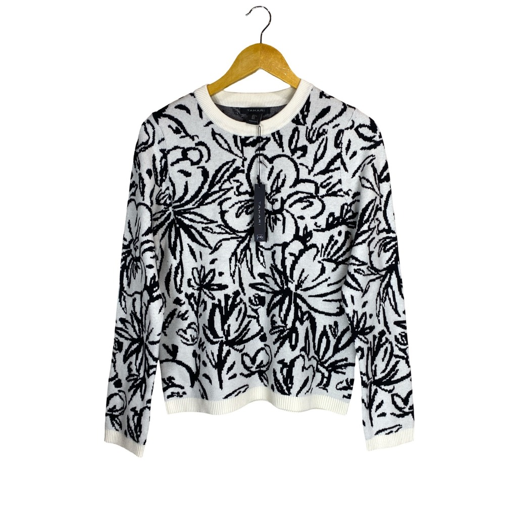 Tahari Crewneck Jacquard Sweater Women Size L Black White Floral Preppy Chic NWT